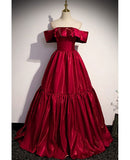 Elegant A Line Off-the-shoulder Burgundy Satin Long Prom Dress Evening Dress HZ1023