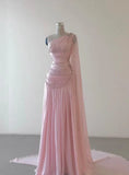 Elegant A Line One Shoulder Beaded Pink Chiffon Long Sweep Prom Dress Evening Dress HZ1023