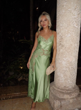 Charming A Line Spaghetti Strap Appliques Green Satin Prom Dress Evening Dress HZ1023