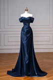 Elegant A Line Off the Shoulder Navy Blue Satin Long Wedding Guest Dress Evening Dress HZ1023