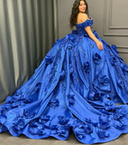 Gorgeous Ball Gown Off the Shoulder Flower Appliques Blue Satin Sweet 16 Dress, Quinceanera Dress HZ1023