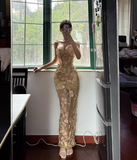 Champagne Sheath Strapless Appliques Tulle Long Party Dress Evening Dress HZ1023