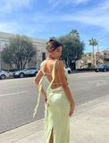 Elegant Mermaid Straps Light Green Satin Open Back Prom Dress Evening Dress HZ1023