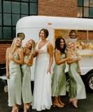 Simple Sheath Spaghetti Strap Sage Green Satin Evening Dress Bridesmaid Dress HZ1023