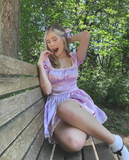 Cute Purple A Line Puff Lace Satin Short Homecoming Dress Cocktail Dress HZ1023