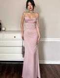 Gentle Mermaid Spaghetti Straps Pink Satin Prom Dress Party Dress Date Dress HZ1023