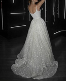 Shiny Spaghetti Straps Tulle Sequins Long Prom Dress Evening Dress Wedding Dress HZ1023