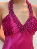 Hot Pink Mermaid V Neck Beaded Satin Open Back Prom Dress Evening Dress HZ1023