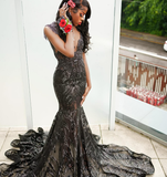 Gorgeous Mermaid V Neck Black Sequin Tulle Long Sweep Prom Dress Evening Dress HZ1023