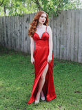 Charming Sheath Spaghetti Strap Rhinestone Red Satin Long Evening Dresses Party Dresses with Slit HZ1023