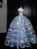 Exquisite Appliques Ball Gown Spaghetti Strap Sequin Grey Tulle Prom Dress Evening Dress Party Dress HZ1023