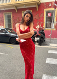 Red Sheath Spaghetti Straps Lace Long Prom Dress Evening Dress HZ1023