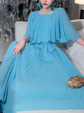 Gentle A Line Round Neck Blue Pleated Chiffon Long Evening Dress Party Dresses HZ1023