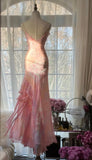 Fairytale Pink Mermaid Spaghetti Strap Beaded Ruffle Chiffon Prom Dress HZ1023
