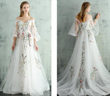 White Tulle Lace Spaghetti Straps Long Evening Dress, Embroidery White Prom Dress HZ1023