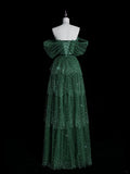 Dark Green A Line Off-the-shoulder Layered Shiny Tulle Prom Dress HZ1023