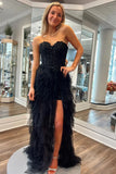 Coral A Line Sweetheart Neck Layered Tulle Long Wedding Guest Dress Evening Dress with Slit HZ1023