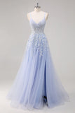 Lavender A Line Spaghetti Straps Appliques Beaded Tulle Long Prom Dress Graduation Prom with Slit HZ1023