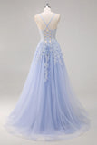 Lavender A Line Spaghetti Straps Appliques Beaded Tulle Long Prom Dress Graduation Prom with Slit HZ1023