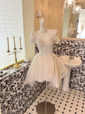 Gorgeous A Line Off the Shoulder Beaded Sequin Tulle Short Homecoming Dress Cocktail Dress HZ1023