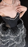 Gorgeous A Line Sweetheart Neck Pearl Layered Black Satin Long Party Dress Evening Dress HZ1023