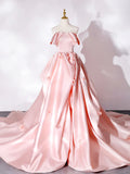 Elegant Pink A Line Strapless Appliques Satin Evening Dress Prom Dress HZ1023