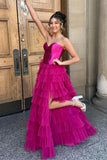 Black A Line Sweetheart Neck Layered Satin Tulle Long Wedding Guest Dress Evening Dress with Slit HZ1023
