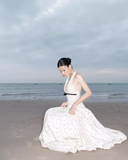 Retro A Line Halter Polka Dot Satin Open Back Prom Dress Evening Dress HZ1023