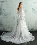 White Tulle Lace Spaghetti Straps Long Evening Dress, Embroidery White Prom Dress HZ1023