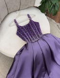 Purple A Line Spaghetti Strap Beaded Pearls Satin Long Prom Dress Evening Dress HZ1023