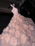 Gentle A Line Halter Pink 3D Flower Tulle Long Prom Dress Graduation Prom Dress HZ1023