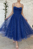 Blue tulle short prom dress A line evening dress HZ1023