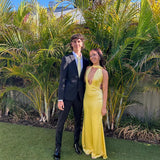 Yellow Sheath V Neck Satin Open Back Long Prom Dress Evening Dress HZ1023