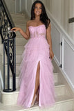 Coral A Line Sweetheart Neck Layered Tulle Long Wedding Guest Dress Evening Dress with Slit HZ1023