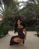 Unique Sheath Off the Shoulder Satin Long Prom Dress Evening Dress with Slit HZ1023