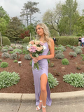 Light Purple Side Slit Satin Prom Dress Long Party Dress Evening Dress HZ1023