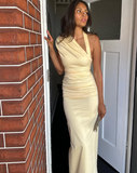 Charming Sheath Halter Light Yellow Satin Long Prom Dress Evening Dress HZ1023