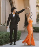 Orange V Neck Slit Prom Dress Long Evening Dress HZ1023