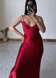 Sexy A Line Spaghetti Straps Red Satin Open Back Long Prom Dress Evening Dress HZ1023