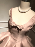 Cute A Line Strap Bow Light Pink Tulle Satin Short Homecoming Dress Cocktail Dress HZ1023