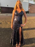 Charming Mermaid V Neck Navy Blue Sequins Satin Long Prom Dress Evening Dress with Slit HZ1023