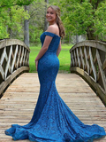 Off Shoulder Blue Mermaid Lace Long Evening Dresses£¬Formal Prom Dress HZ1023