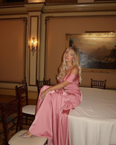 Elegant Mermaid Off the Shoulder Bow Pink Satin Long Prom Dress Evening Dress HZ1023