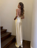 Light Yellow Sheath Spaghetti Strap Satin Open Back Prom Dress Party Dress HZ1023