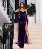 Mermaid Purple Strapless Long Prom Dress With Gloves,Velvet Evening Dress HZ1023