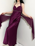 Vintage A Line Halter Beaded Purple Satin Open Back Prom Dress Graduation Prom Dress HZ1023