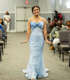 Blue Mermaid Strapless Lace Tulle Date Dress Prom Dress with Bow HZ1023