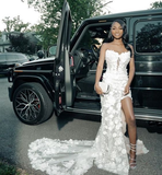 Elegant White Appliques Long Slit Mermaid Prom Dress Wedding Dress Evening Dress HZ1023