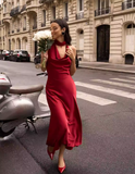 Elegant Mermaid Halter Pearl Burgundy Satin Long Evening Dress Party Dress HZ1023
