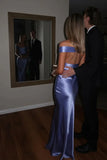 Simple Sheath Off the Shoulder Blue Satin Open Back Prom Dress Evening Dress HZ1023